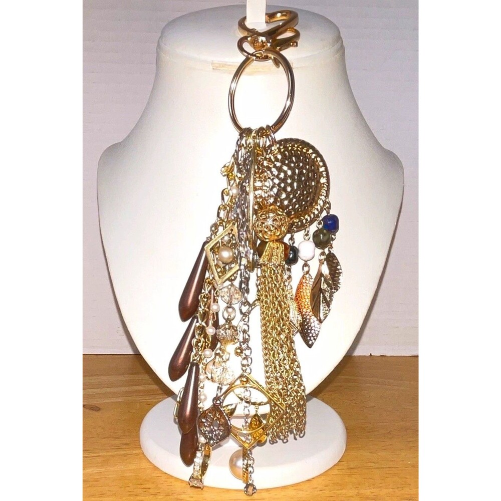 Gold Tone Bag Charm Key Chain From Vintage Jewelry Crystals Faux Pearls handmade